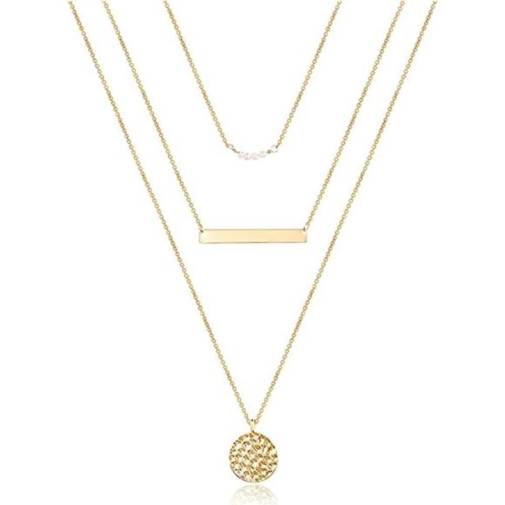 Dainty Layered Choker Necklace 14K Gold Plated Y Pendant Multilayer Bar Disc